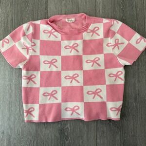 Debut Pink White Checkered Bow Knit Sweater Top Women's Size M